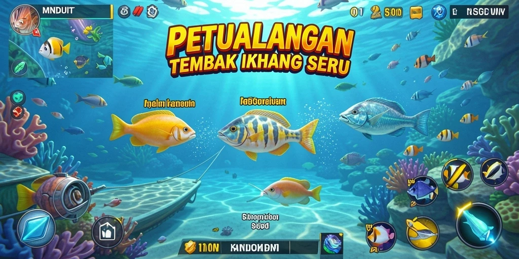 Tampilan gameplay seru dalam MNDUIT dengan berbagai jenis ikan.