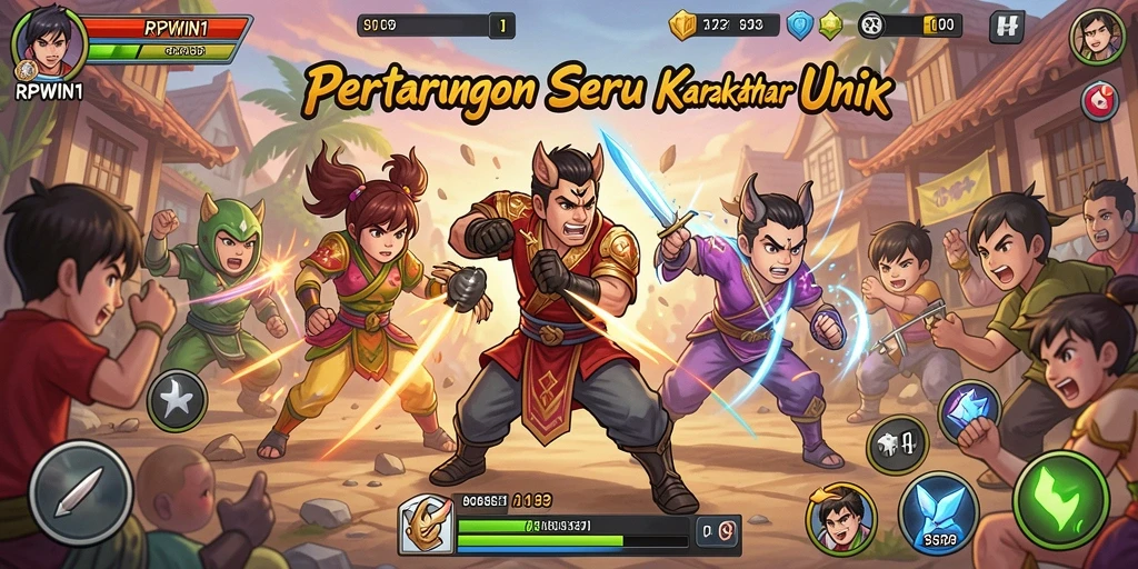 Gameplay RPWIN1 menampilkan pertarungan seru dengan karakter unik.