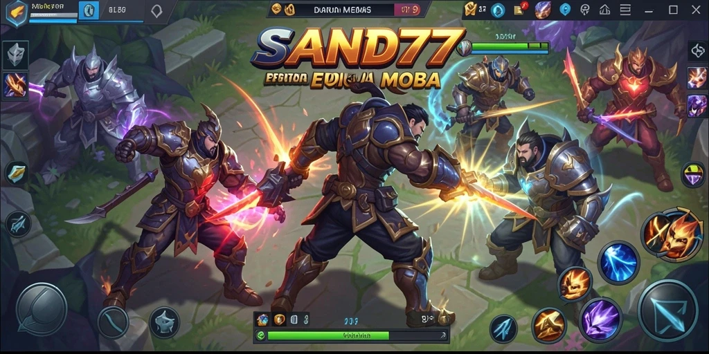 Gameplay SAND77 yang menegangkan dalam arena pertarungan MOBA.