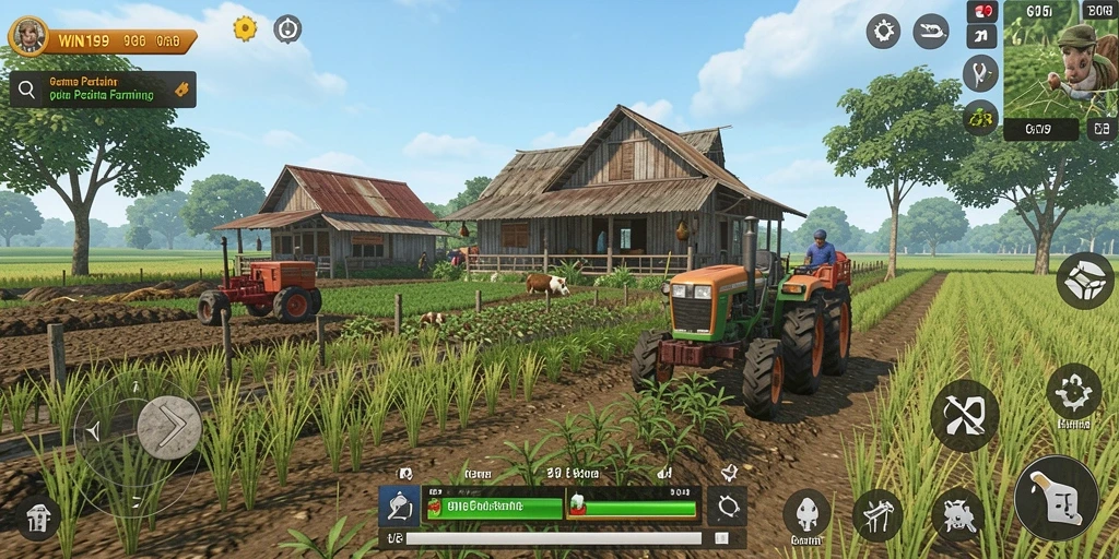 Screenshot gameplay <strong>WIN199</strong> menampilkan lahan pertanian yang indah dan interaksi hewan.
